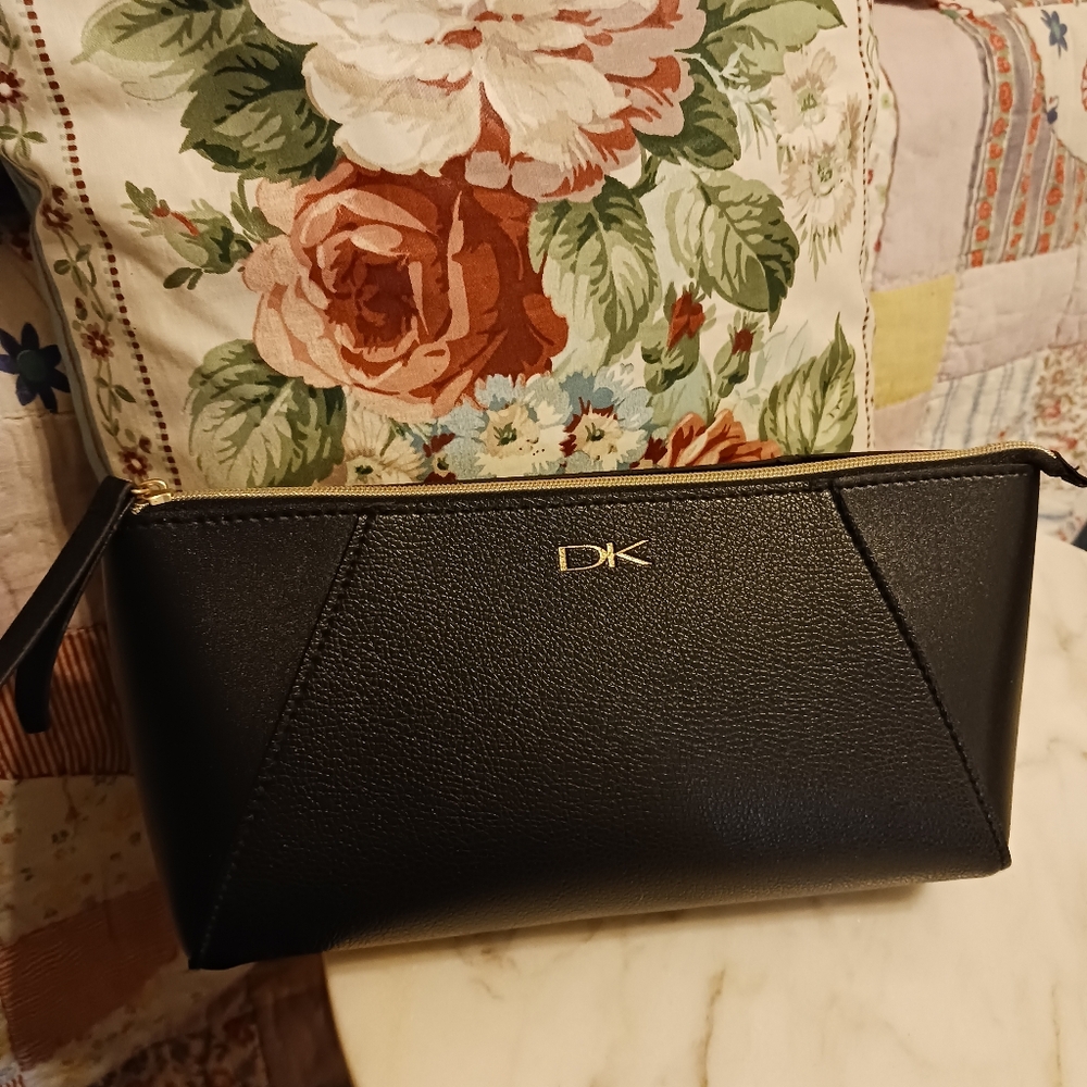 NWOT Donna Karan Black Clutch, Vinyl Pouch With Gold Logo, 11X6